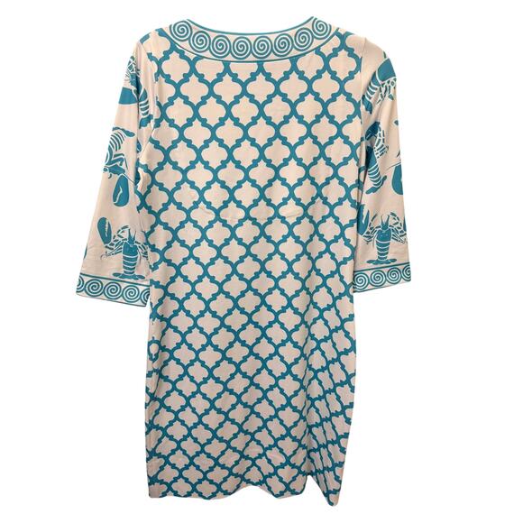 Gretchen Scott White Turquoise Print Sheath Dress XS V‑Neck 3/4 Sleeve EUC ✨ - Picture 5 of 6